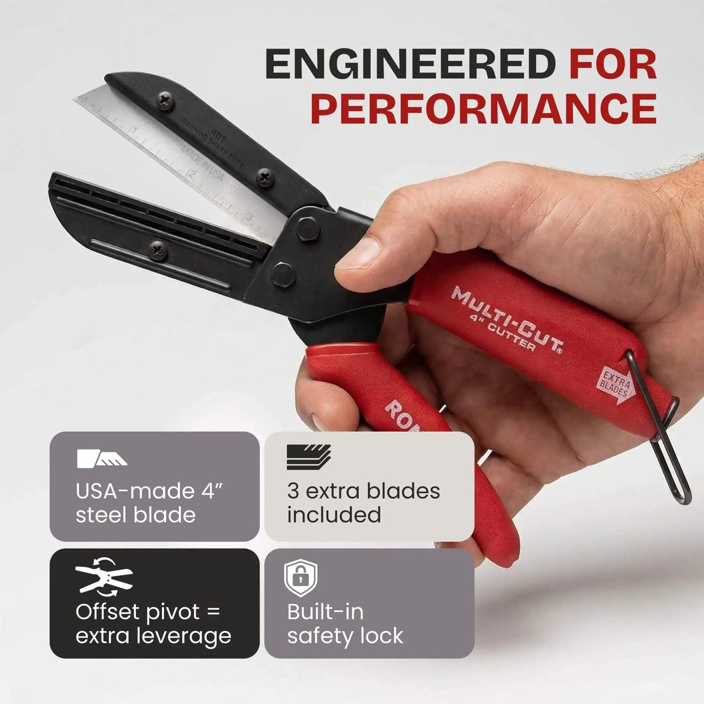 Multi-Cut 401 heavy-duty utility cutter in hand with 4 in steel blade, safety lock, and extra blades; engineered for performance
