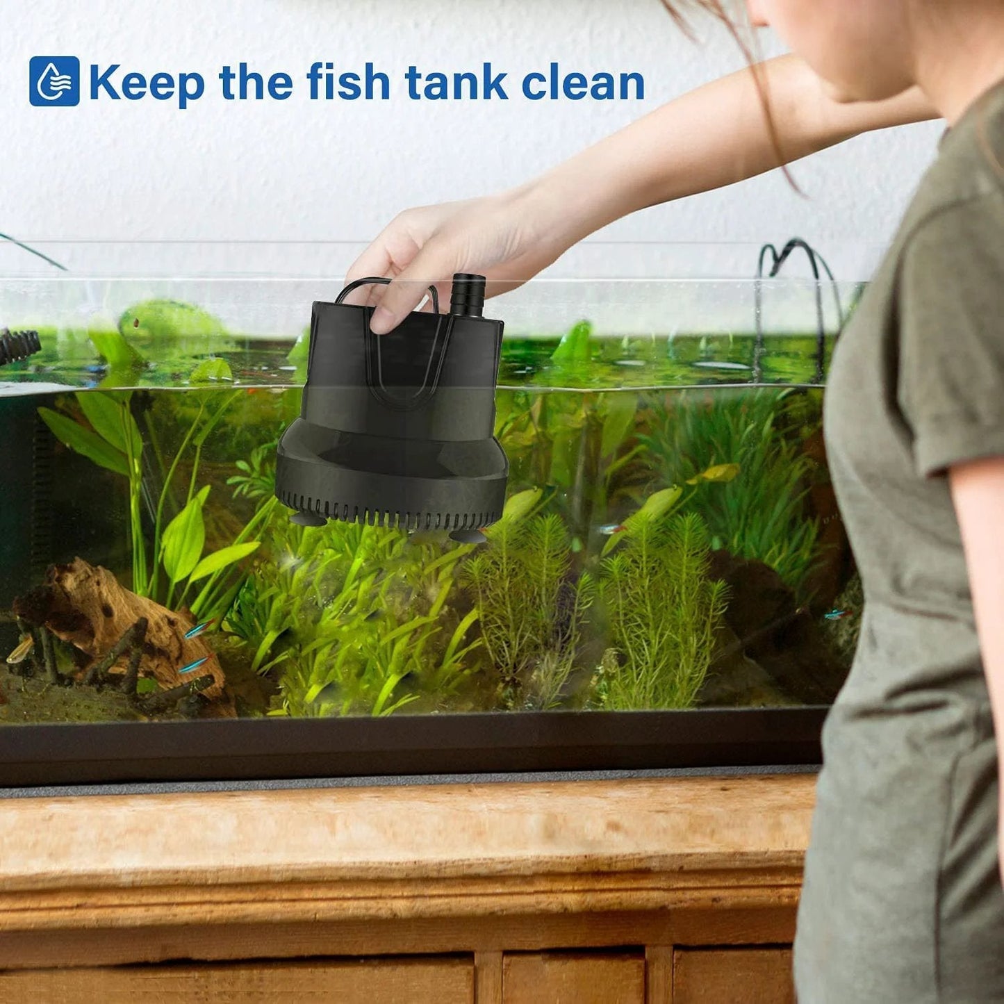 Person using Bottom Suction Submersible Pump 800 GPH 60W With 9.8 Ft Lift And 3 Nozzles For Fountain Use In Fish Tank Pond Aquarium Hydroponics 3000 LPH Smart Anti Dry Run Design