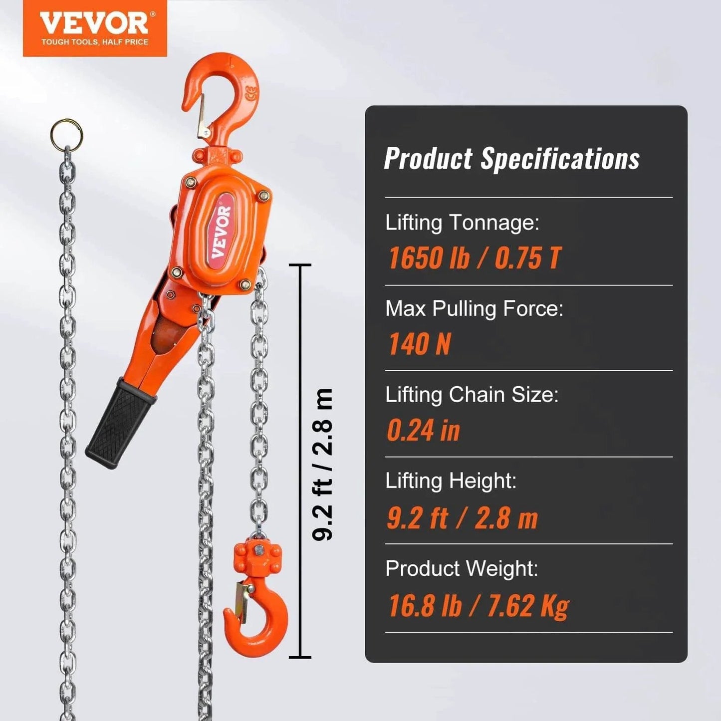 Manual Lever Chain Hoist 0.75 Ton 1650 Lbs 10 Ft Come Along Weston Double Pawl Brake with chain and hook