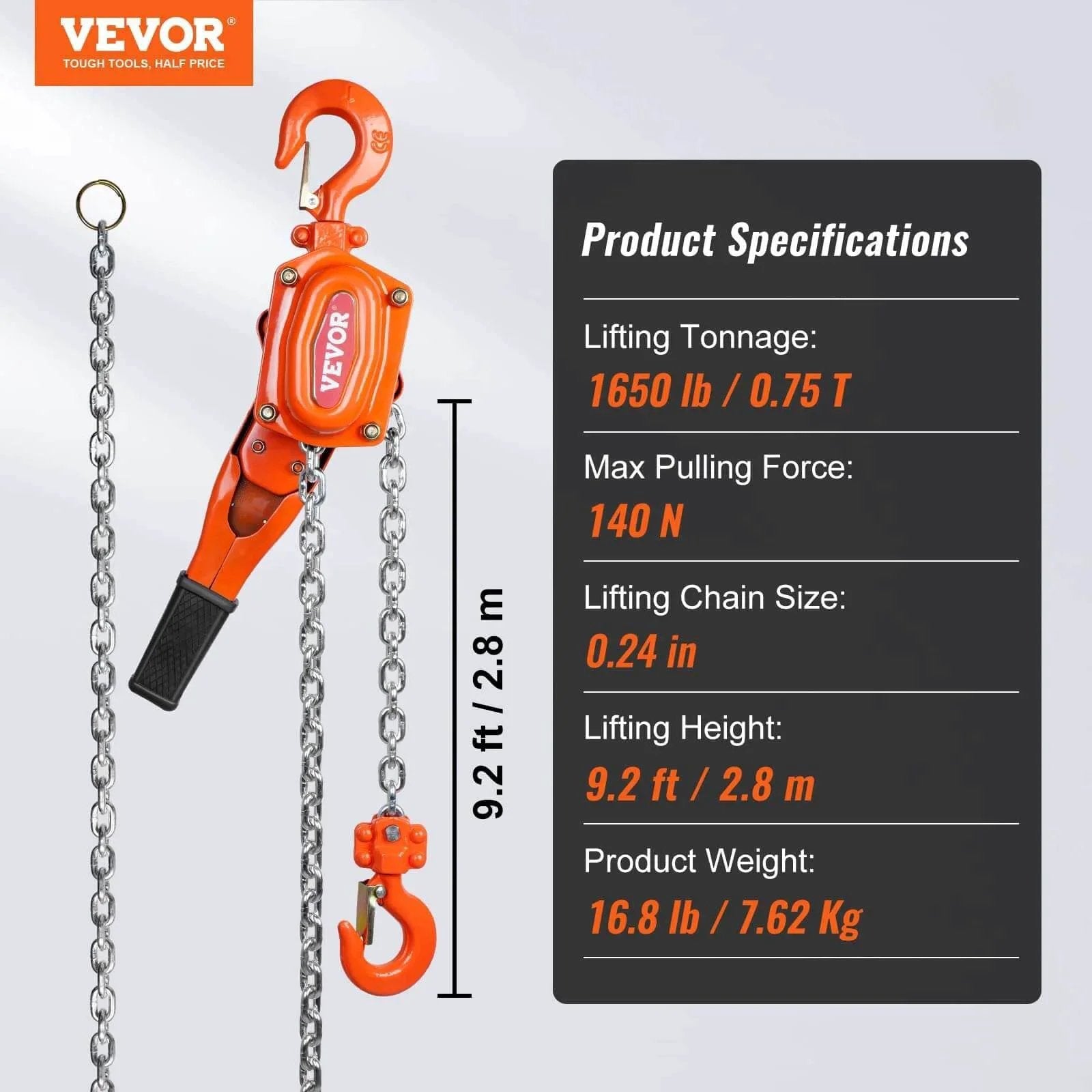 Manual Lever Chain Hoist 0.75 Ton 1650 Lbs 10 Ft Come Along Weston Double Pawl Brake with chain and hook