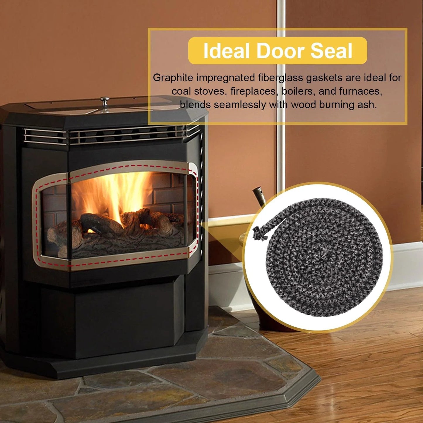 Stove Door Gasket Rope Replacement For Advantage Series Pellet Stoves Whitfield 61057100 shown next to a burning stove