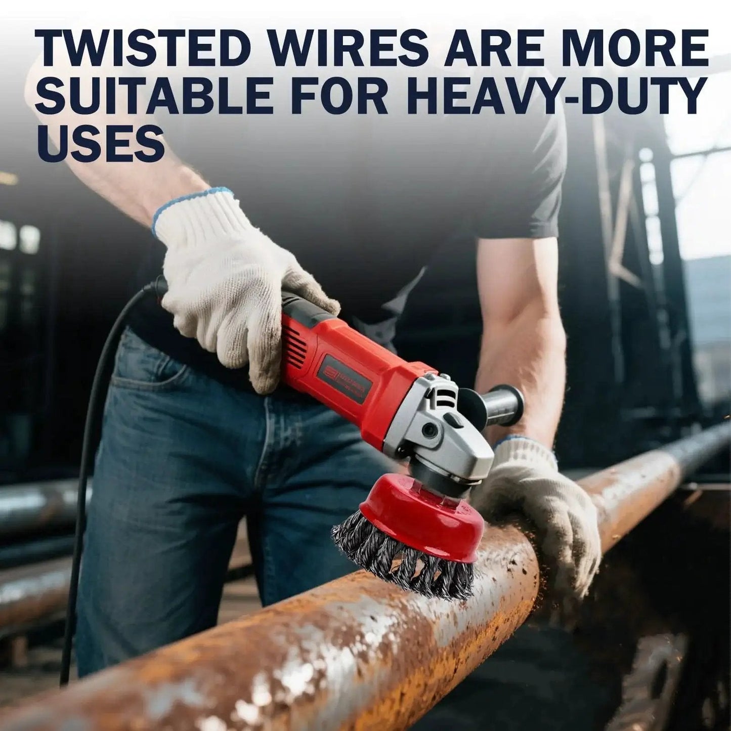 Person using angle grinder with Three Pack Wire Wheel Brush Set For Angle Grinders With 0.02 Inch Carbon Steel 72A Twist Wire And Five Eighth Inch Arbor Includes Three Inch And Four Inch Wheels Up To 12500 RPM For Heavy Duty Cleaning By Mikilikien on metal surface.