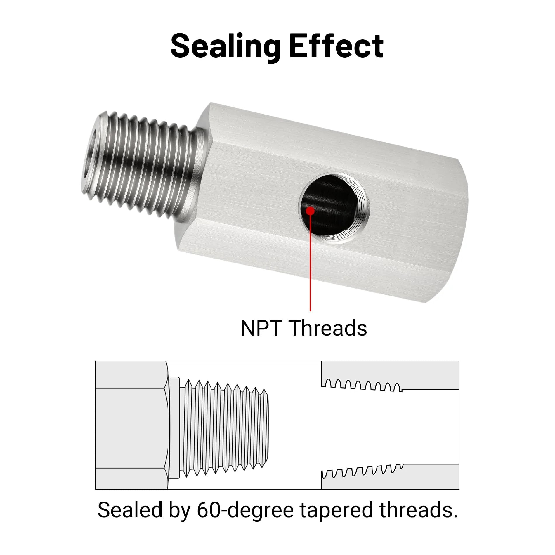 Close-up of stainless steel oil pressure sensor tee adapter with NPT threads, highlighting sealing effect.