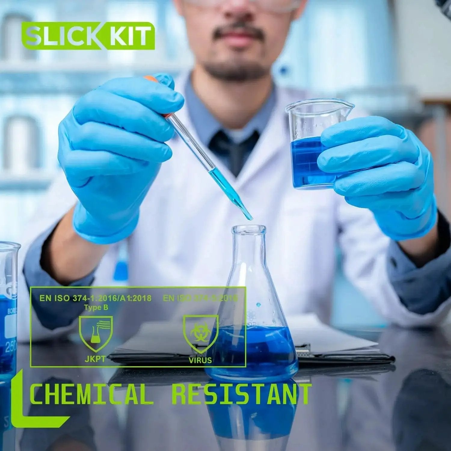 Scientist in lab using 5 Mil Nitrile Gloves Latex Free Powder Free Textured Grip Automotive Cleaning for chemical resistance.