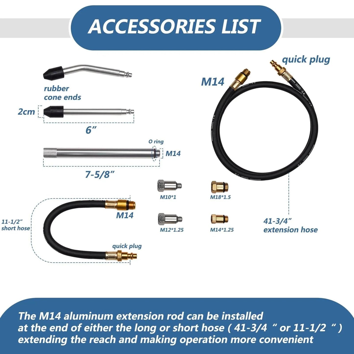 Cylinder Leak Down Tester Kit With Dual Gauge For Pressure Check And Leakage Rate Testing On Gasoline Engines Includes Universal Push On Connectors Threaded Adapters Extension Rods And Hoses accessory components display.