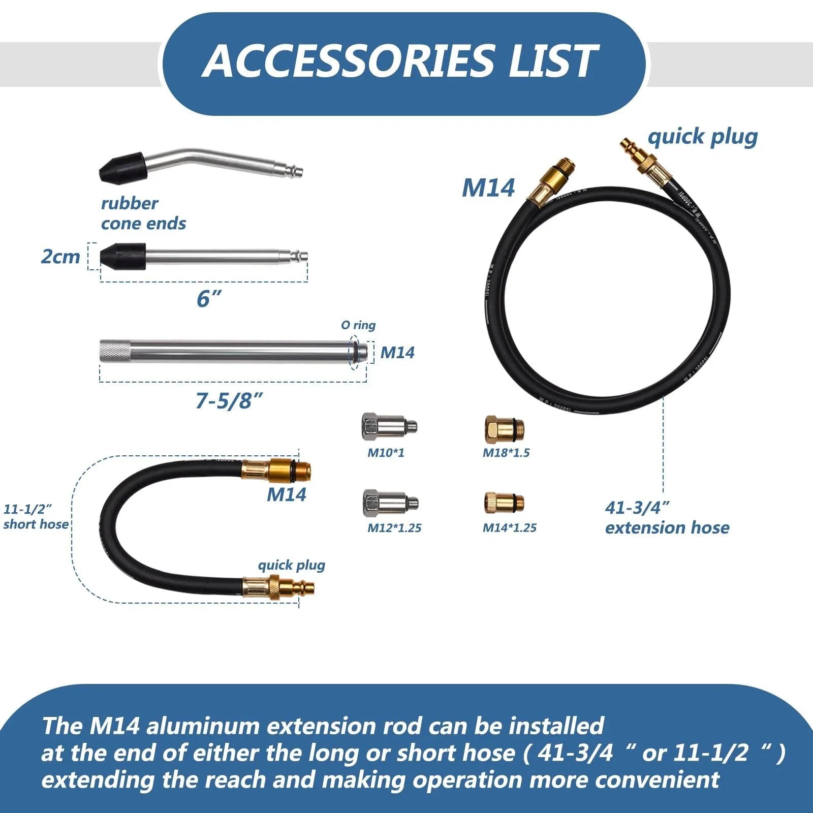 Cylinder Leak Down Tester Kit With Dual Gauge For Pressure Check And Leakage Rate Testing On Gasoline Engines Includes Universal Push On Connectors Threaded Adapters Extension Rods And Hoses accessory components display.