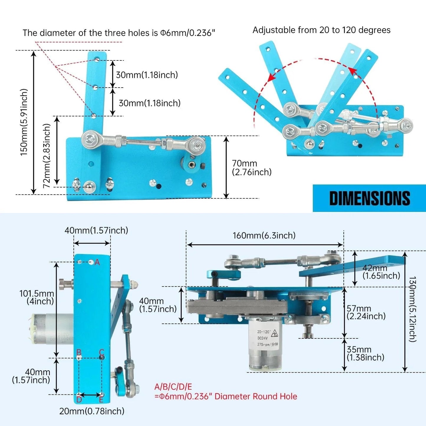 Diagram of DC 12V 24V Linear Actuator With Adjustable Swing Angle From 20 To 120 Degrees, 90 RPM stepless speed regulator.