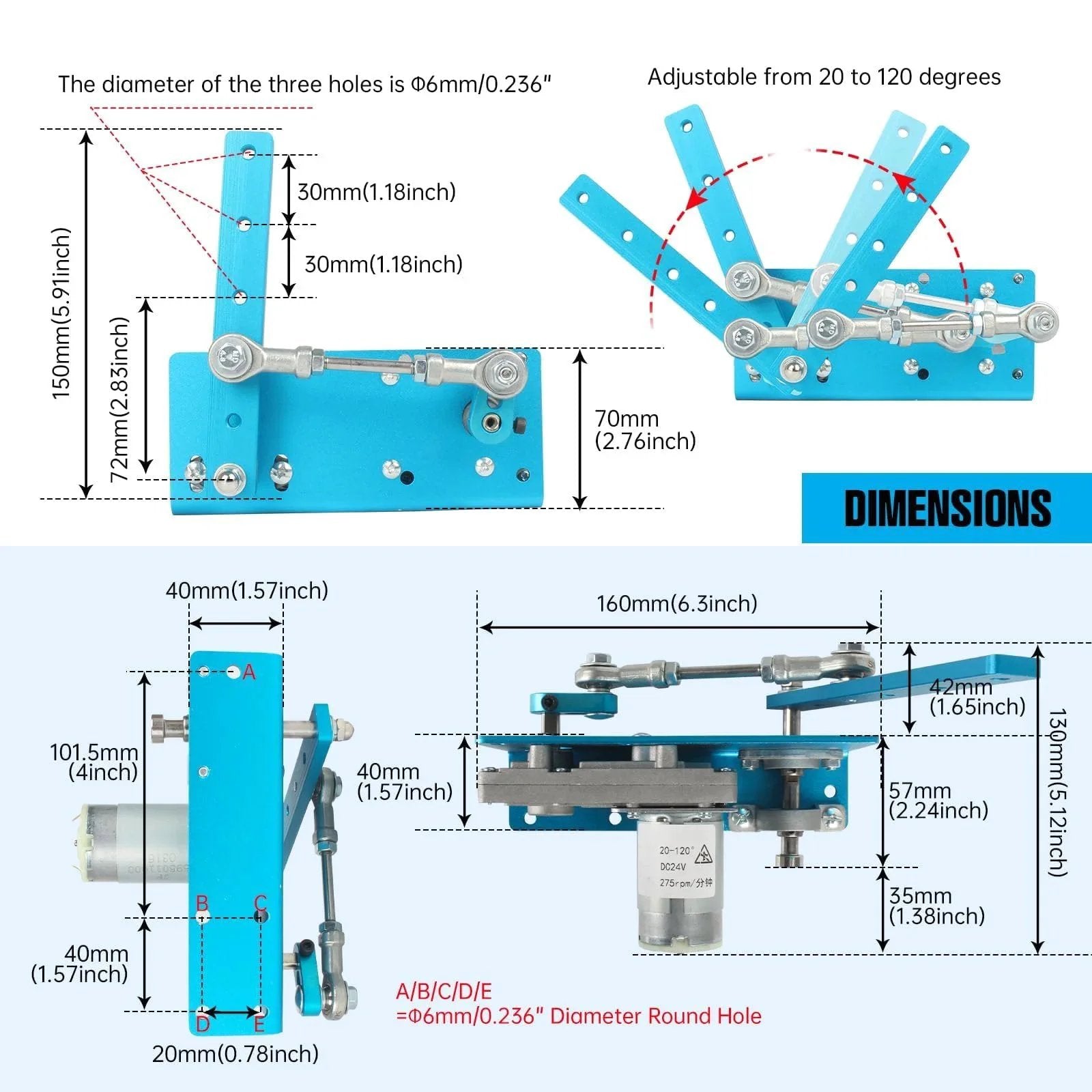 Diagram of DC 12V 24V Linear Actuator With Adjustable Swing Angle From 20 To 120 Degrees, 90 RPM stepless speed regulator.