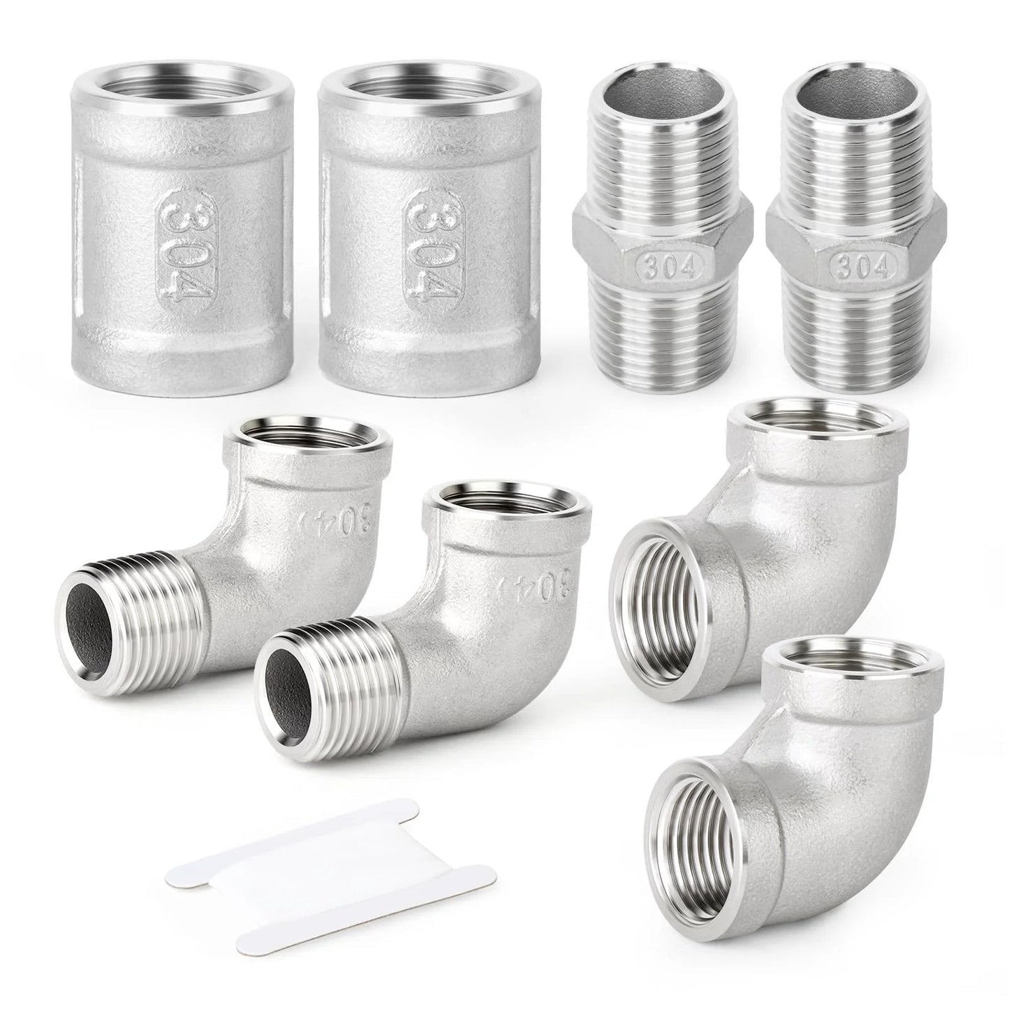 Heavy Duty 8-Piece 304 Stainless Steel Pipe Fitting Kit With 90 Degree Elbows, Hex Bushings, And 3/8 NPT Couplings For Industrial Plumbing And DIY Projects By Taisher