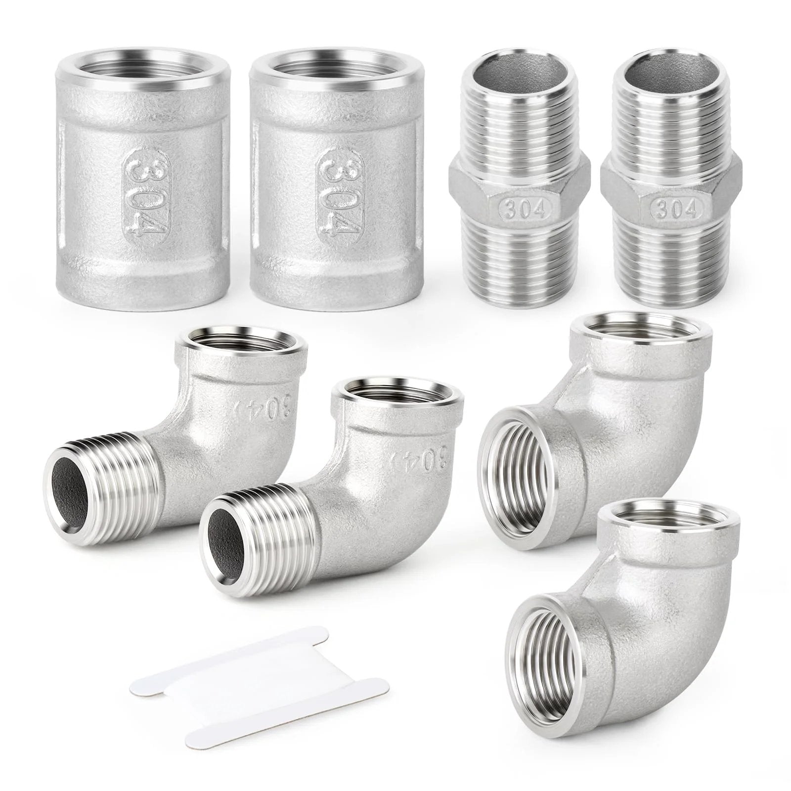 Heavy Duty 8-Piece 304 Stainless Steel Pipe Fitting Kit With 90 Degree Elbows, Hex Bushings, And 3/8 NPT Couplings For Industrial Plumbing And DIY Projects By Taisher
