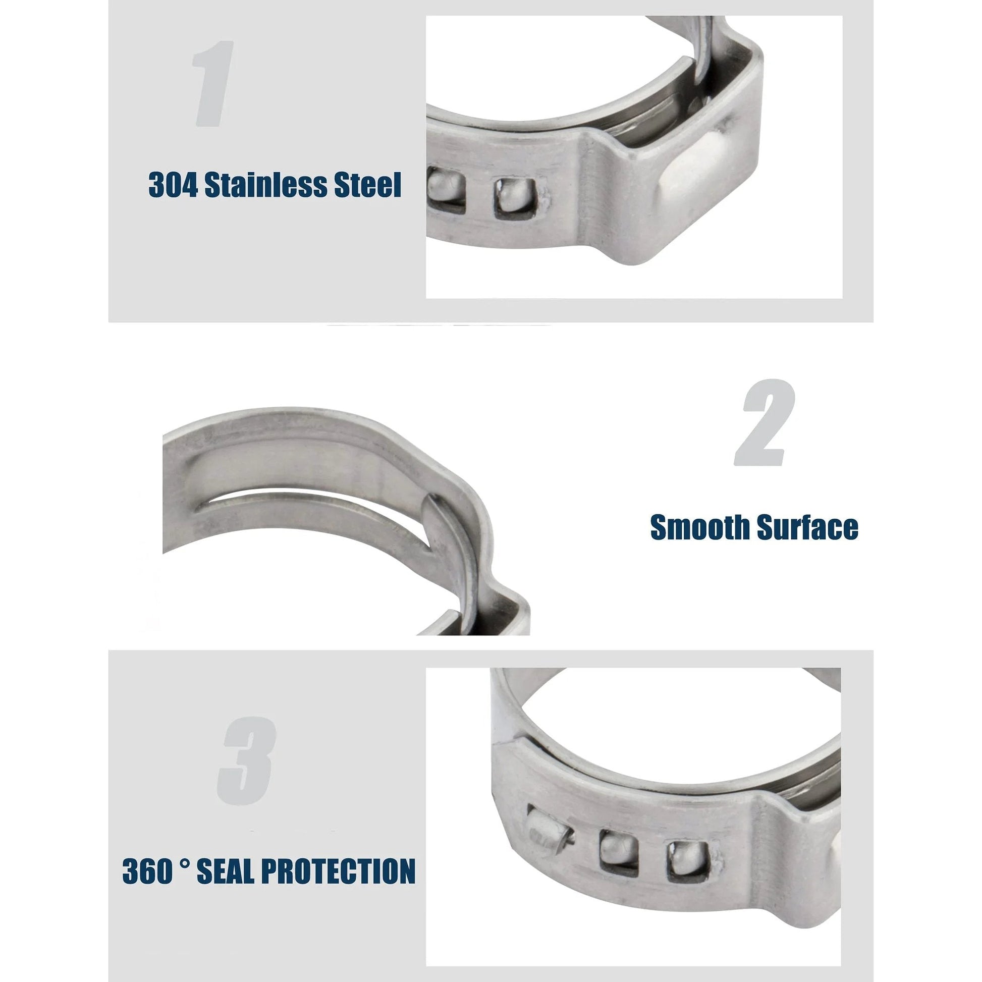 25 Pack 304 Stainless Steel Single Ear Hose Clamps Stepless 10.3-12.8mm Fit Corrosion Resistant No Protrusion Inner Heavy Duty Quick Clamp Kit For Automotive Marine By ISPINNER with close-up views showing material, smooth surface, and seal protection features