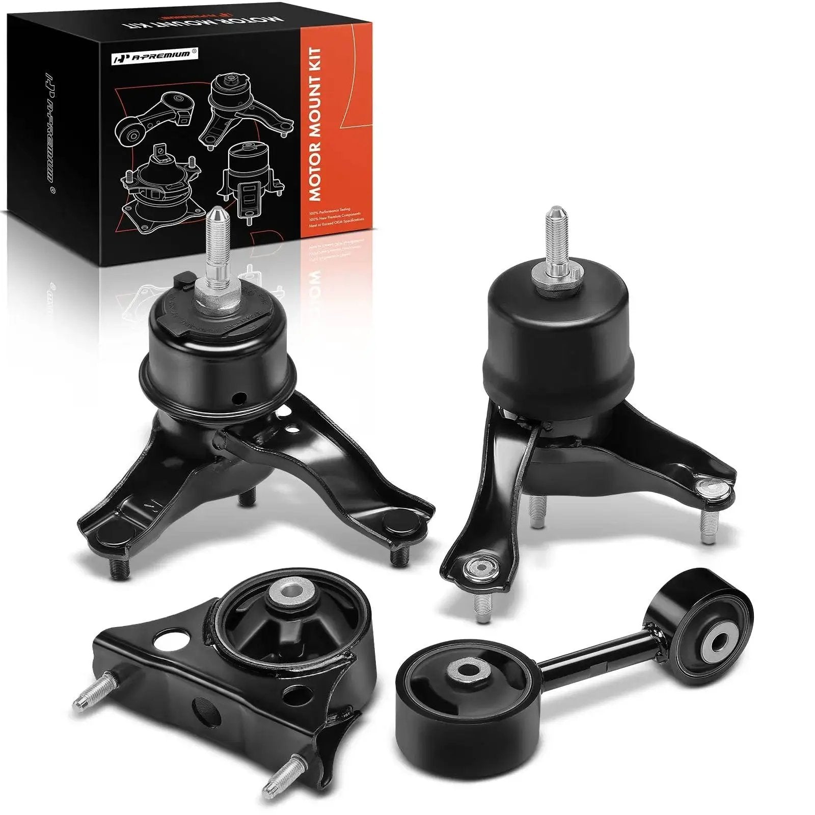 Four Piece Engine And Transmission Mount Kit For Toyota Highlander Two Point Four Liter 2004 2005 2006 2007 FWD Automatic Transmission With Torque Strut Mounts Replacement Set Heavy Duty Built To Take The Heat shown with packaging