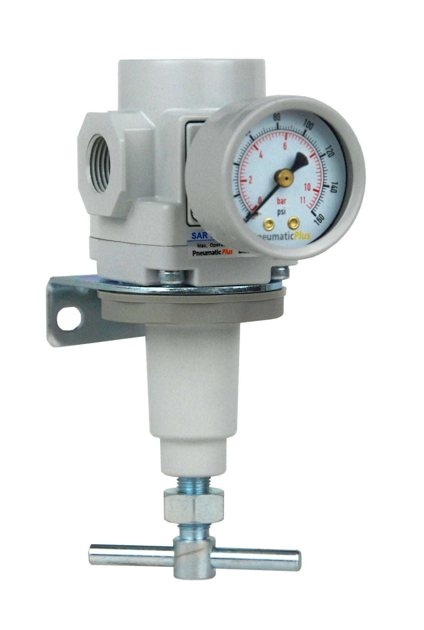 Heavy Duty Air Pressure Regulator With T Handle And Gauge For 3/8 Inch NPT, 0 To 150 PSI Regulation, 250 PSI Max, 110 SCFM At 90 PSI, Relieving Type Regulator, Includes 0 To 150 PSI Gauge And Bracket, Made In Korea, 1 Year Warranty PneumaticPlus
