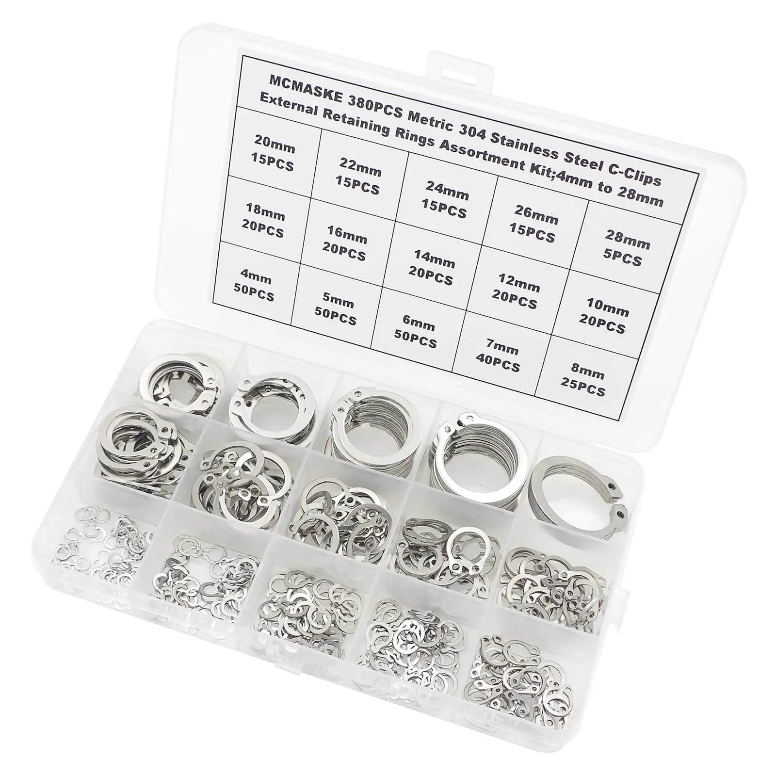 External Retaining Ring Set 380 Piece Assortment 15 Sizes From 4mm To 28mm In 304 Stainless Steel Circlips C Clips Set