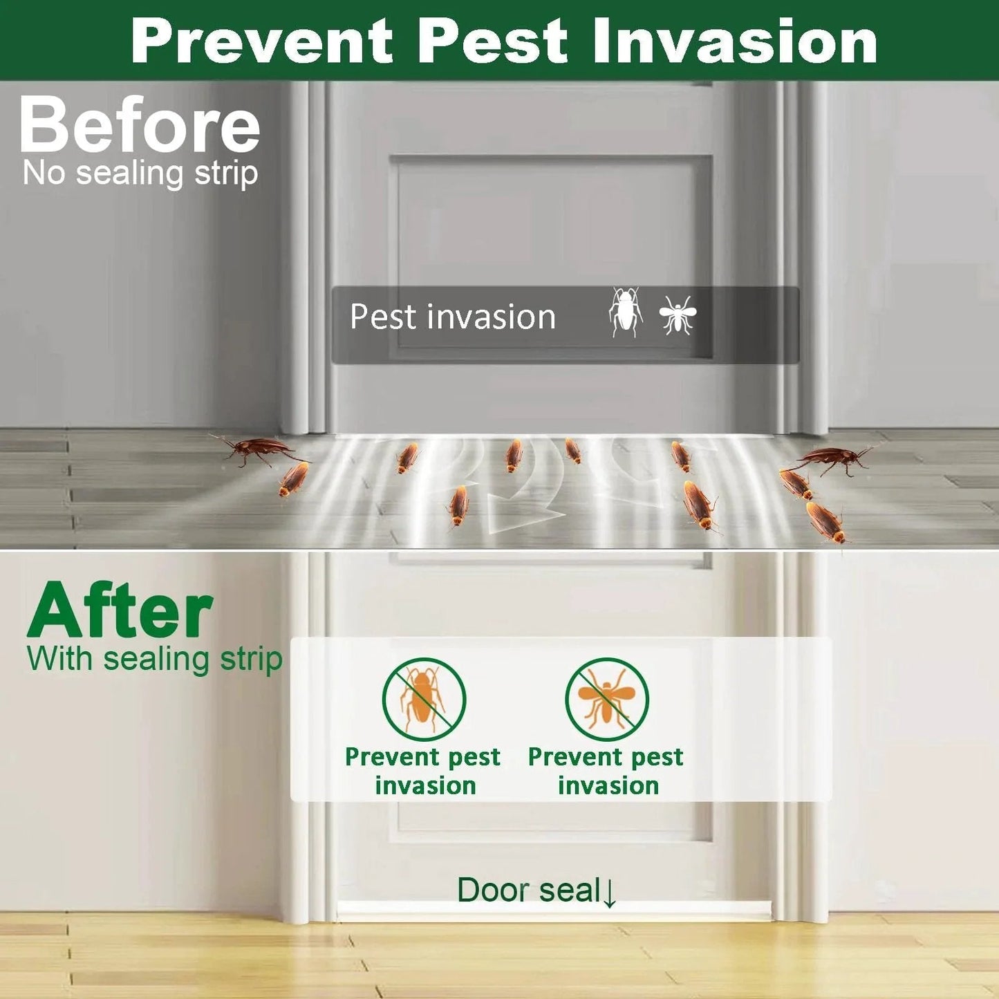 Comparison image showing a door with 49 Feet Of Clear Weather Stripping Door Seal Kit With Three Rolls Of Silicone Draft Seal Tape For Doors And Windows No More Drafts Under Door Bottom Seal Strip 35mm Wide, preventing pest invasion.