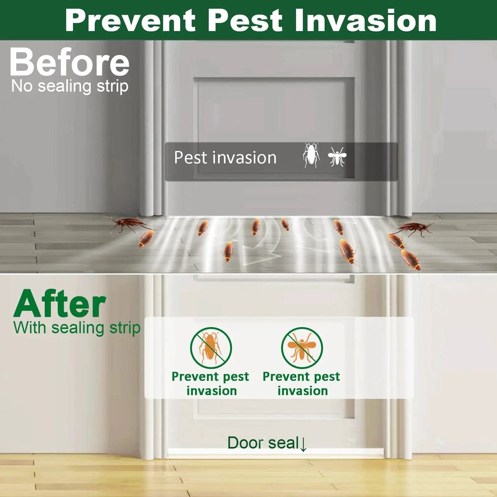 Comparison image showing a door with 49 Feet Of Clear Weather Stripping Door Seal Kit With Three Rolls Of Silicone Draft Seal Tape For Doors And Windows No More Drafts Under Door Bottom Seal Strip 35mm Wide, preventing pest invasion.