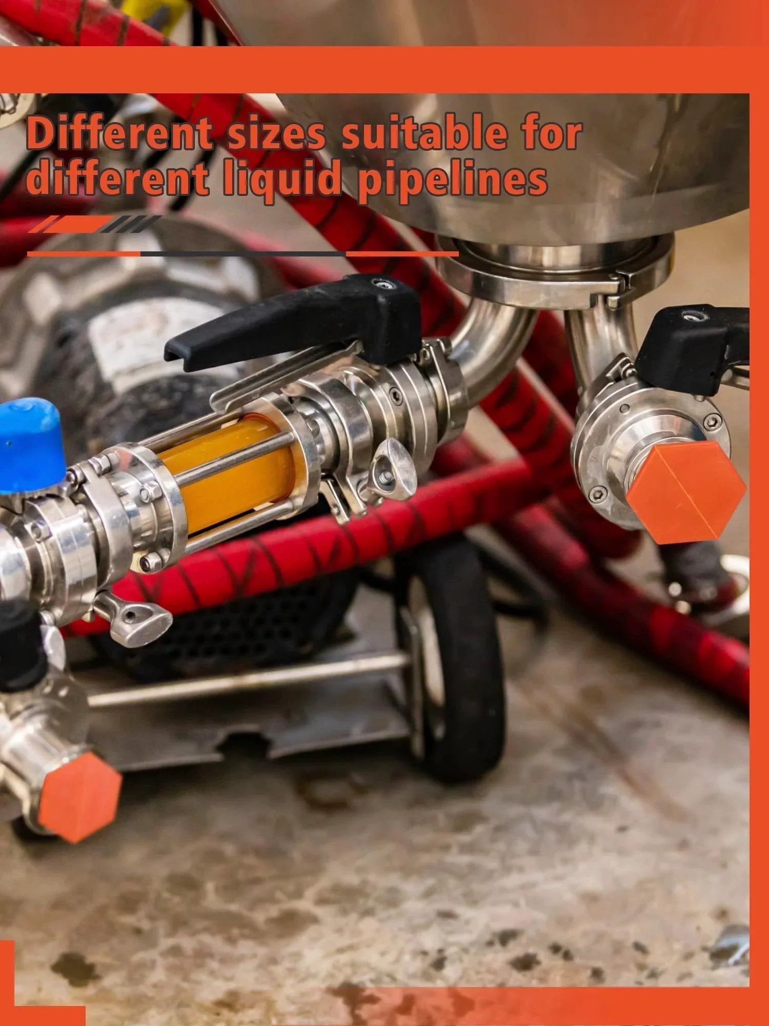 Close-up of hydraulic oil service plugs in orange rubber on industrial pipeline, Hydraulic Oil Service Plugs Set Three Sizes Large Medium Small
