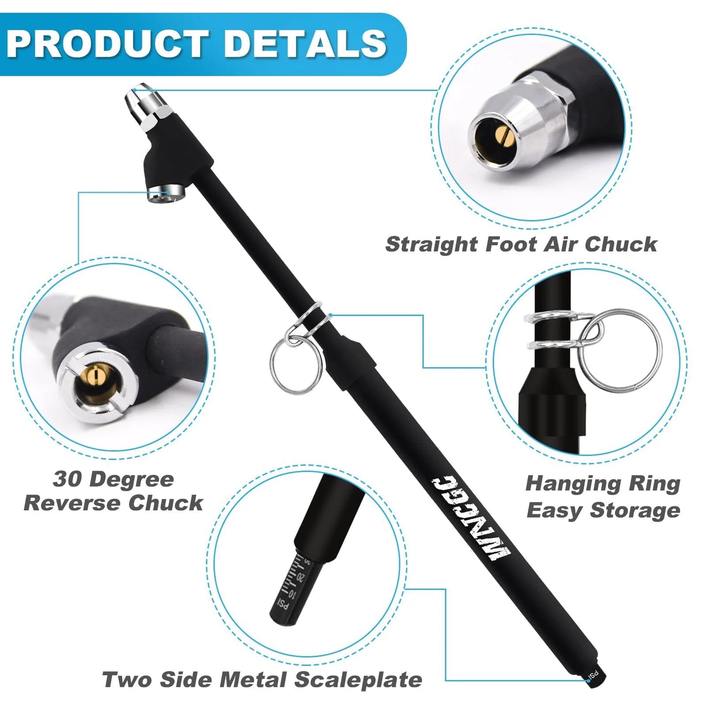 Heavy Duty Dual Head Tire Pressure Gauge With Two Sided Aluminum Scale Plate For Inner And Outer Wheels 11.8 Inch Reach Accurate Readouts From 10 To 150 PSI Durable Truck Tire Gauge showing dual heads, metal scale plate and storage ring.