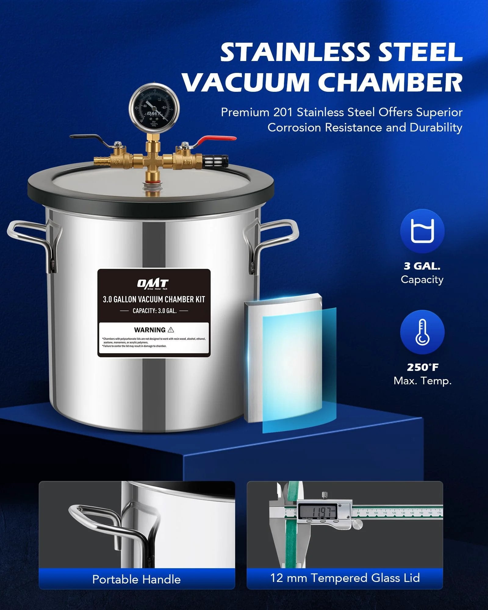 Front view of All In One 3 Gallon Vacuum Chamber Kit With One Quarter Horsepower Pump, tempered glass lid, and 5-foot hose.