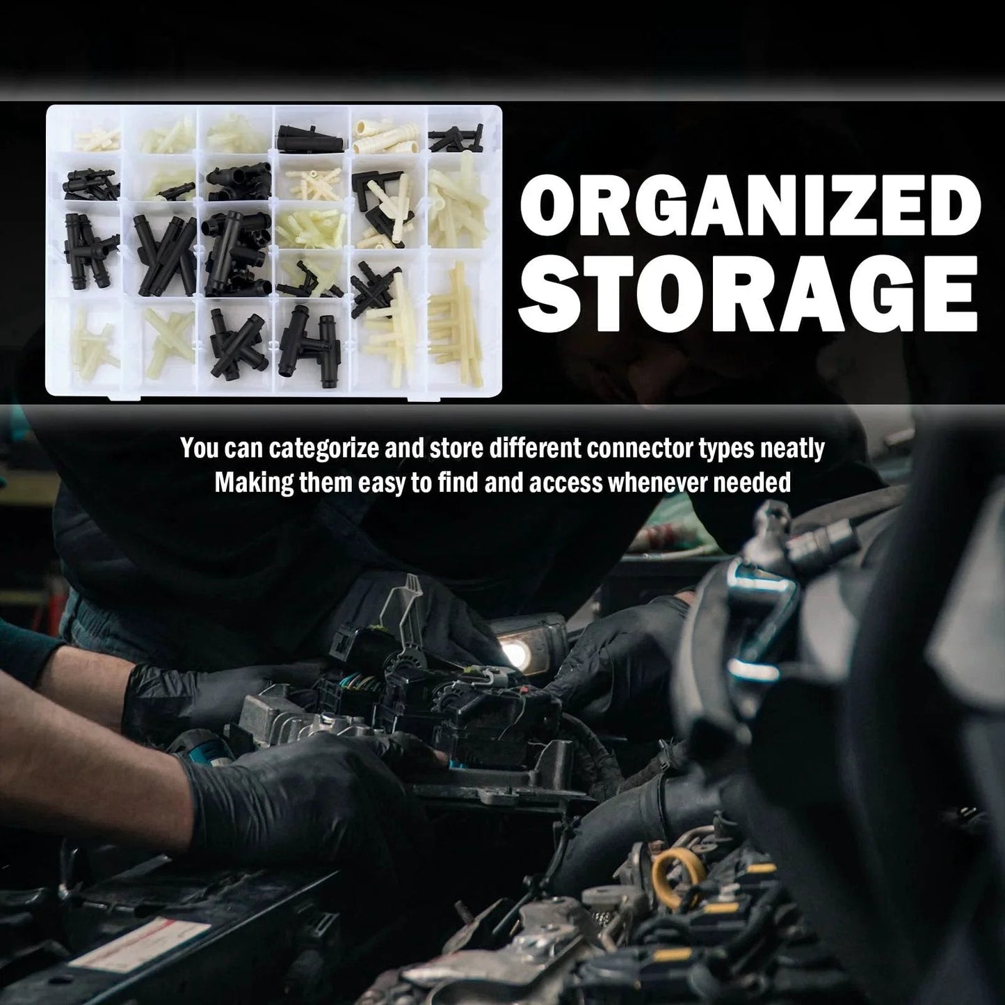 91 Pcs Car Vacuum Line Connectors Kit With 32 Sizes And Heat Resistant Tubing displayed in organized storage box.