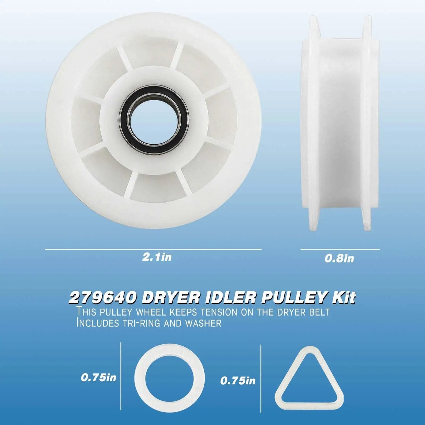 279640 dryer idler pulley in repair kit with tri-ring and washer, 2.1in x 0.8in dimensions, for Whirlpool Cabrio Duet.