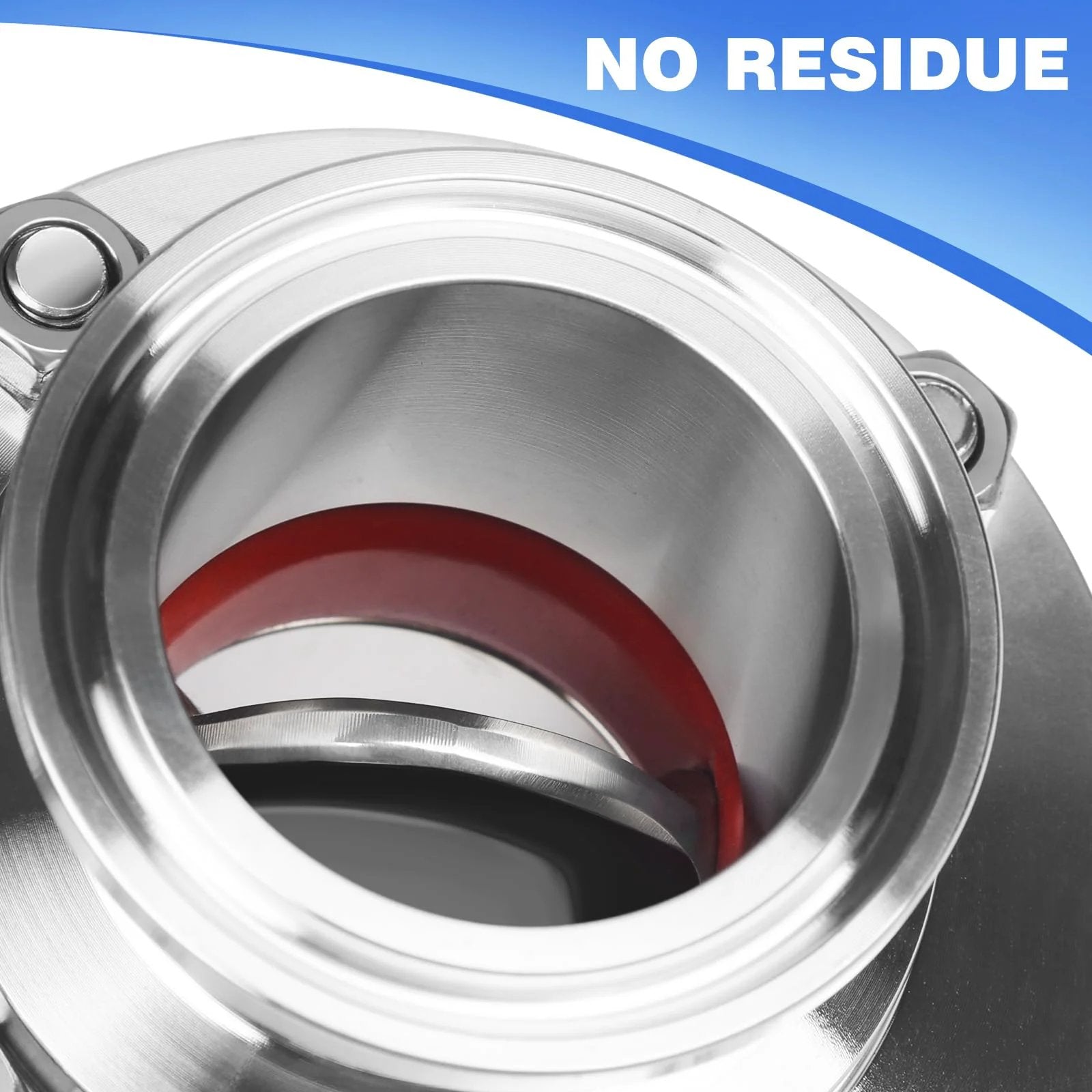 Close-up of a sanitary 1.5 inch butterfly valve with pull handle tri clamp pro grade stainless steel 304, showing inside view.