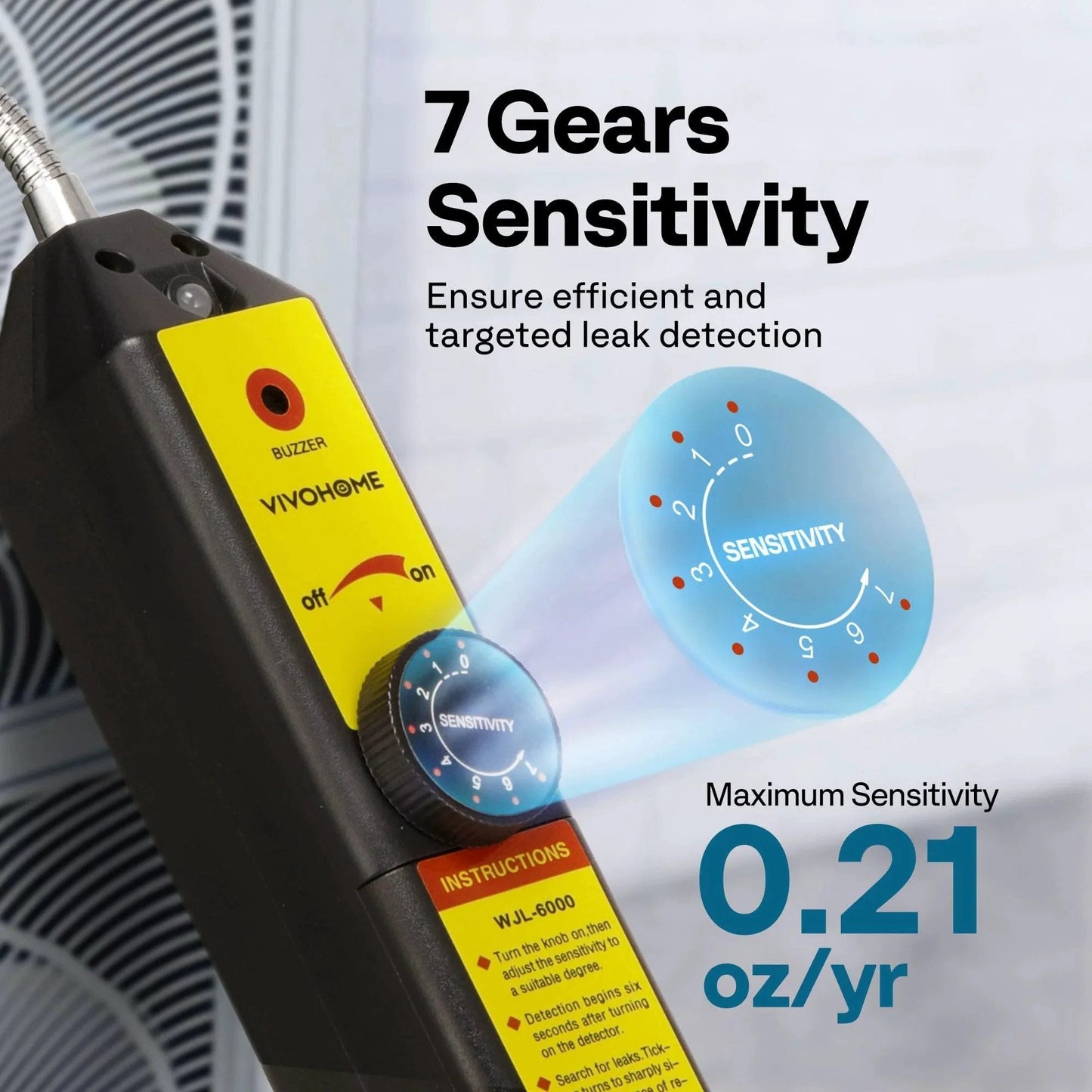 Freon Leak Sniffer For HVAC And Home AC With Bright LED Light, 7 Adjustable Sensitivity Levels Detects R134a R410a R1234yf And Other CFCs HCFCs HFCs HFOs, Easy Auto Check Leak Detector By VIVOHOME. Image shows close-up of sensitivity settings dial.