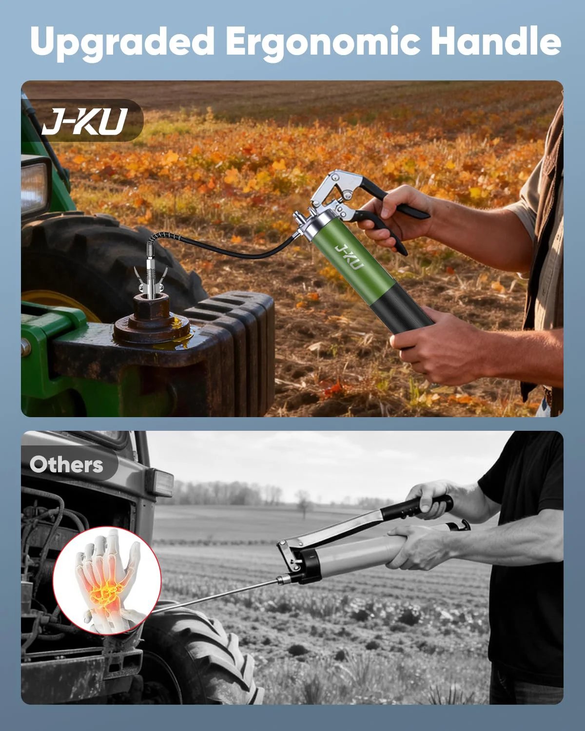 Heavy Duty 8000 PSI Manual Grease Gun Kit With Pistol Grip Air Bleed Valve Easy Priming Flexible Hose Six Nozzles 14 Oz Cartridge being used on a tractor.