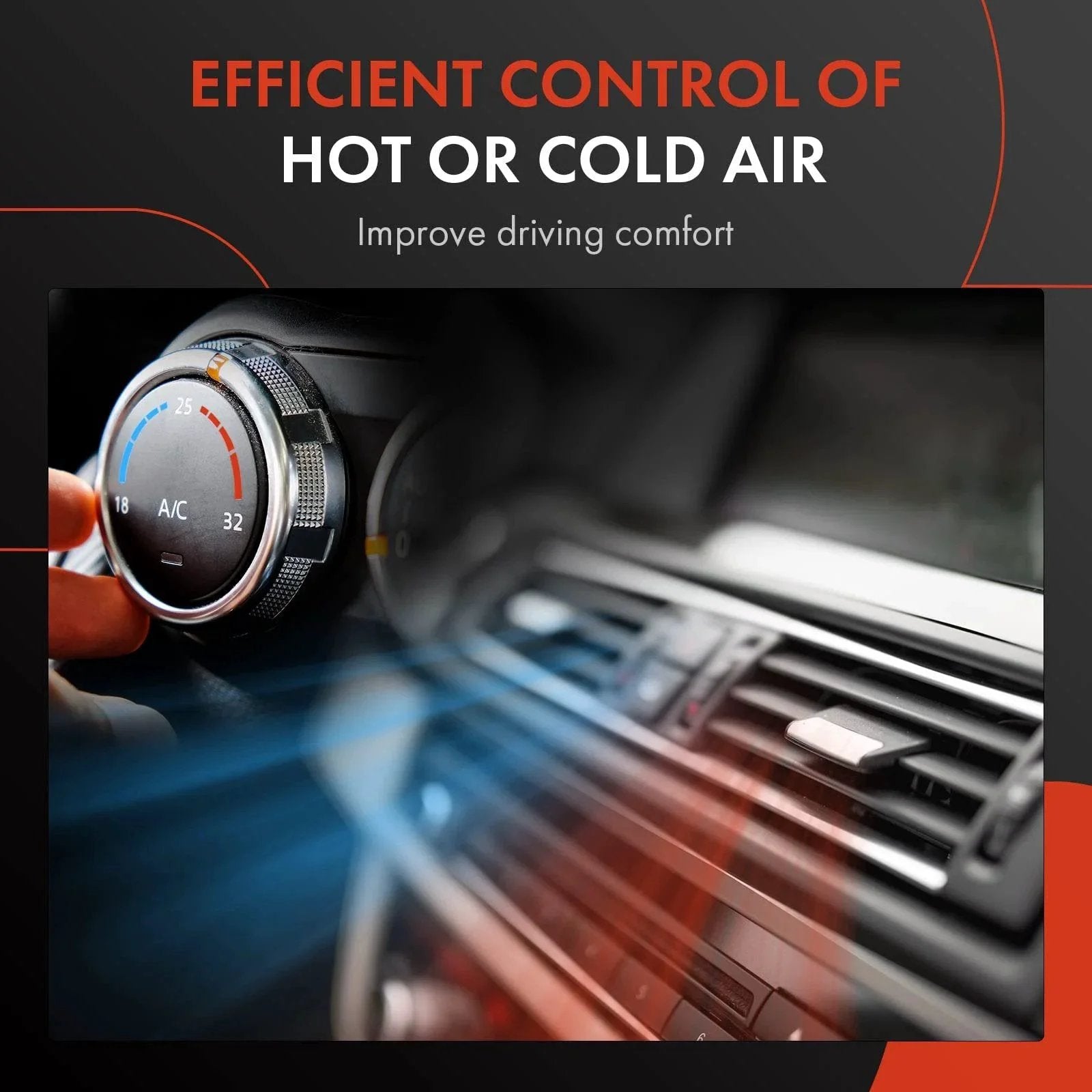 Close-up of car's HVAC control dial and air vent illustrating efficient temperature control in vehicle interior
