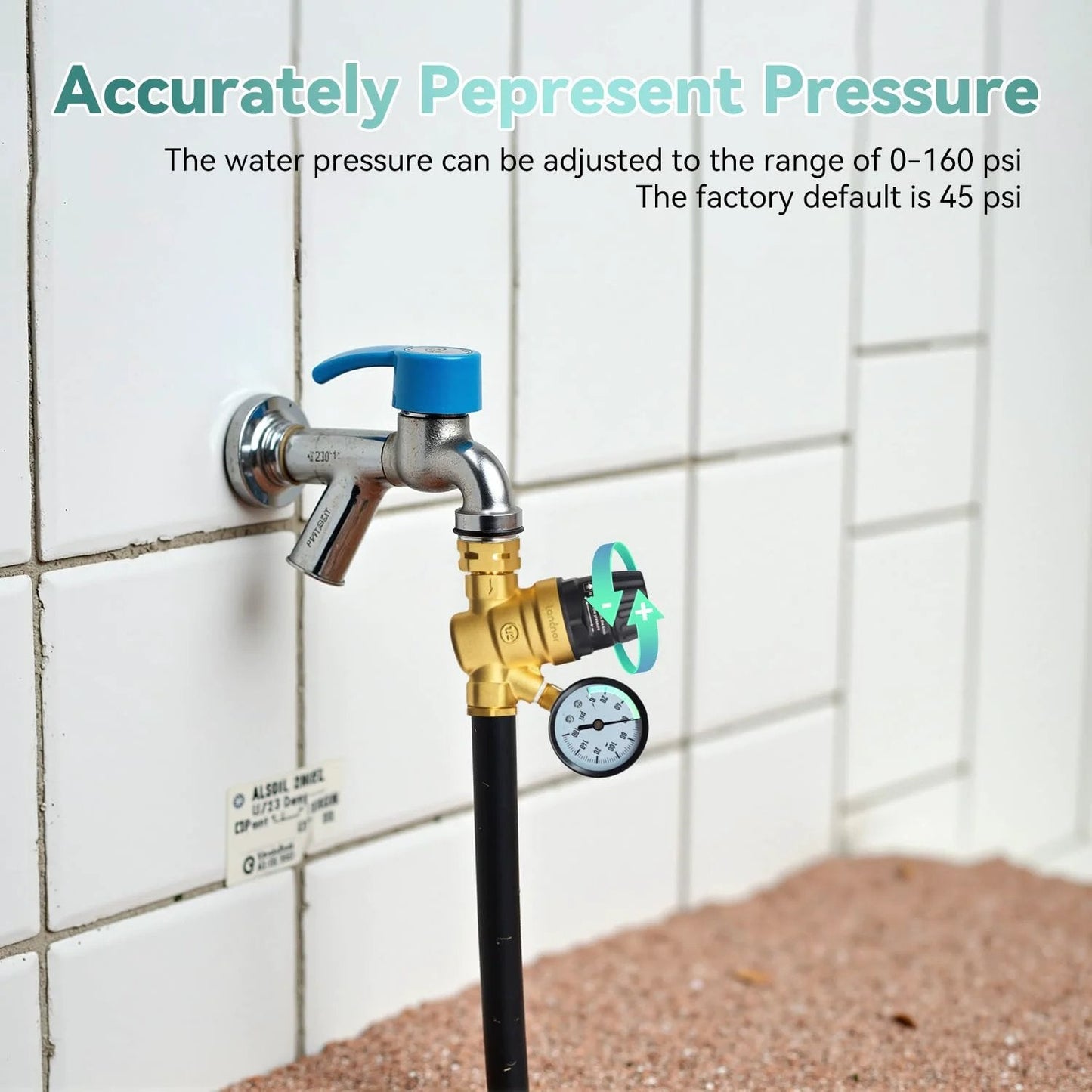 Adjustable RV Water Pressure Regulator Valve with Gauge and Inlet Screen Filter, installed with gauge showing pressure, brass construction.