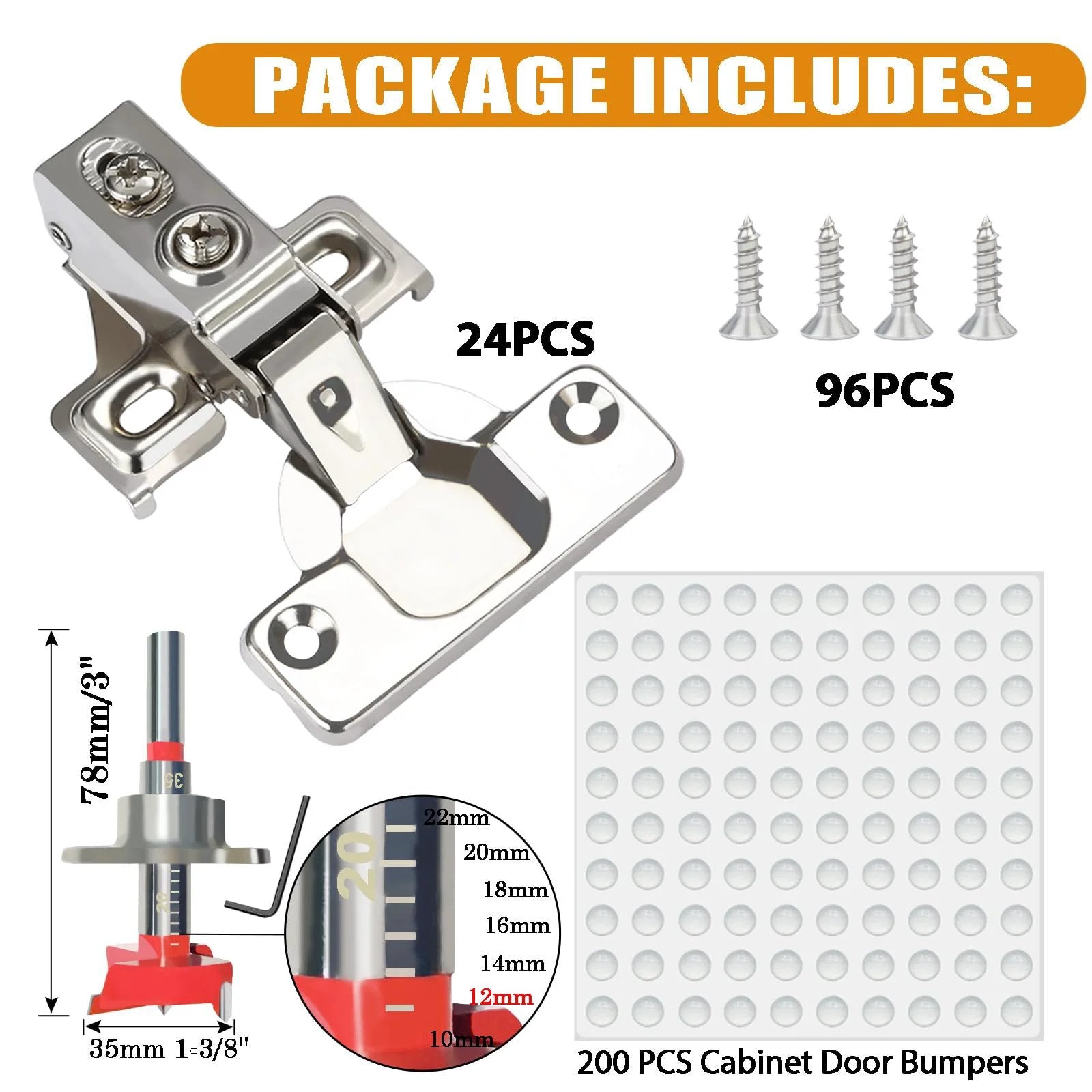 24 Pack Half Inch Overlay Soft Close Cabinet Hinges For Kitchen Cabinets With 100 Degree Opening Angle In Stainless Steel Concealed Self Closing Design Includes Drilling Tool And Manual For Easy No Fuss Install with screws and cabinet door bumpers.