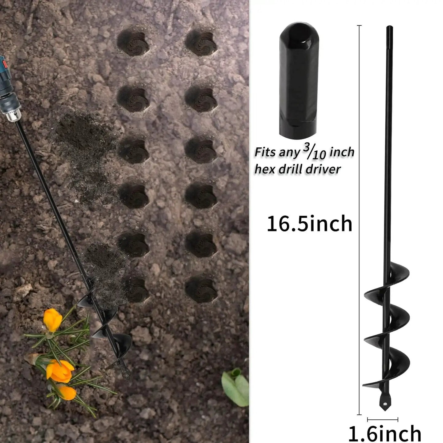 Planting Garden Auger Drill Bit Set 2 Pack Solid Core Shaft Spiral Hole Digger For Three Eighths Inch Hex Drive Drills