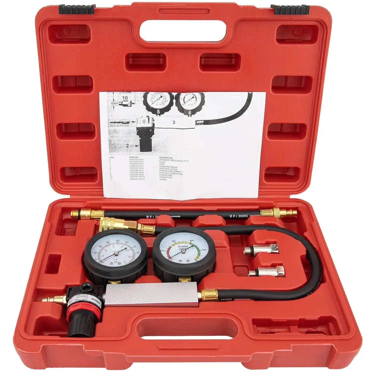 Dual Gauge Cylinder Leak Down Tester Kit Tu 21 for cars trucks motorcycles, ABS blow mold case, anti scratch gauge cover