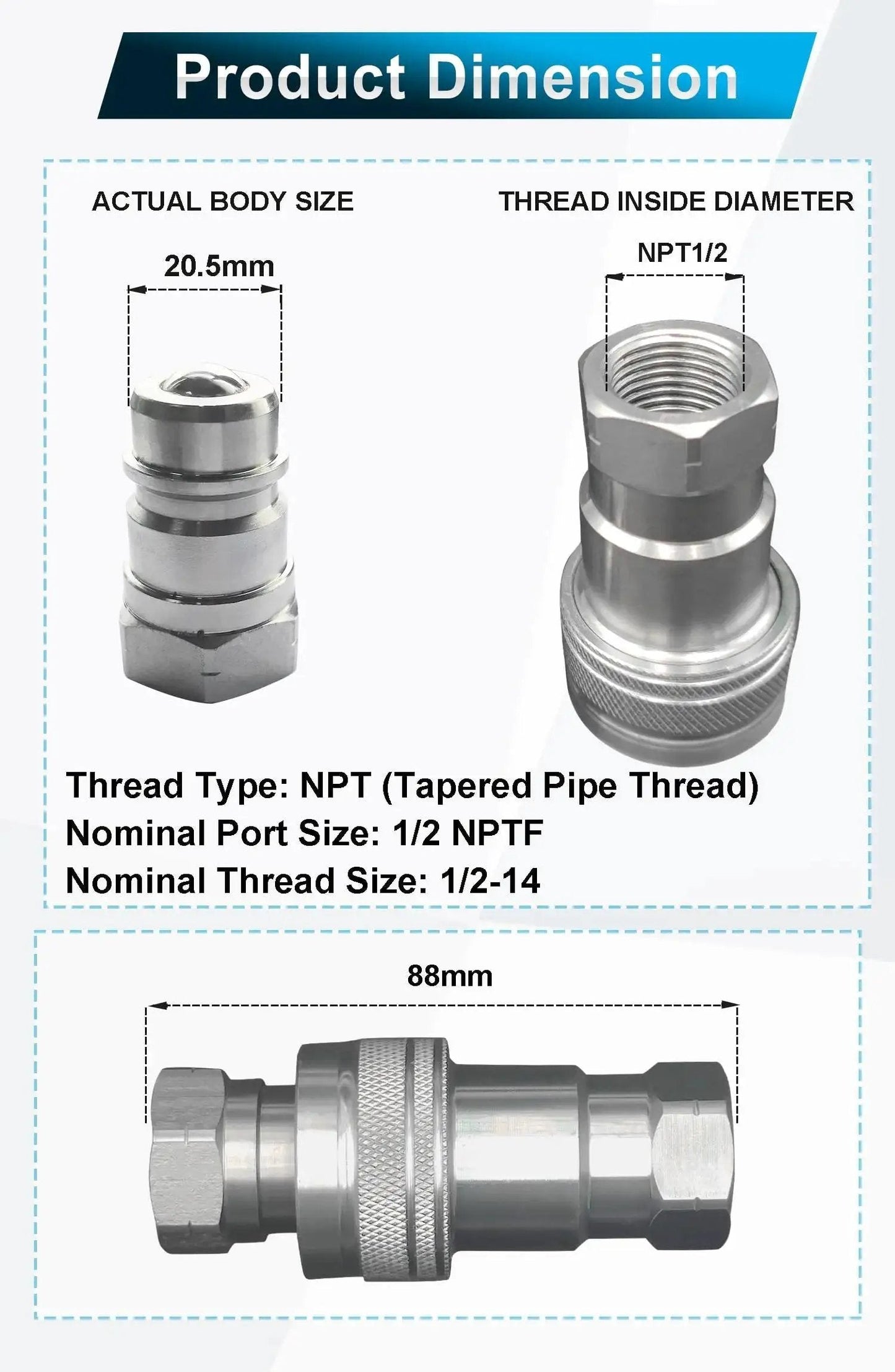 Product dimensions of Heavy Duty Half Inch NPT ISO 5675 Hydraulic Quick Connect Tractor Couplers Pioneer Style with Poppet Valves and Dust Caps