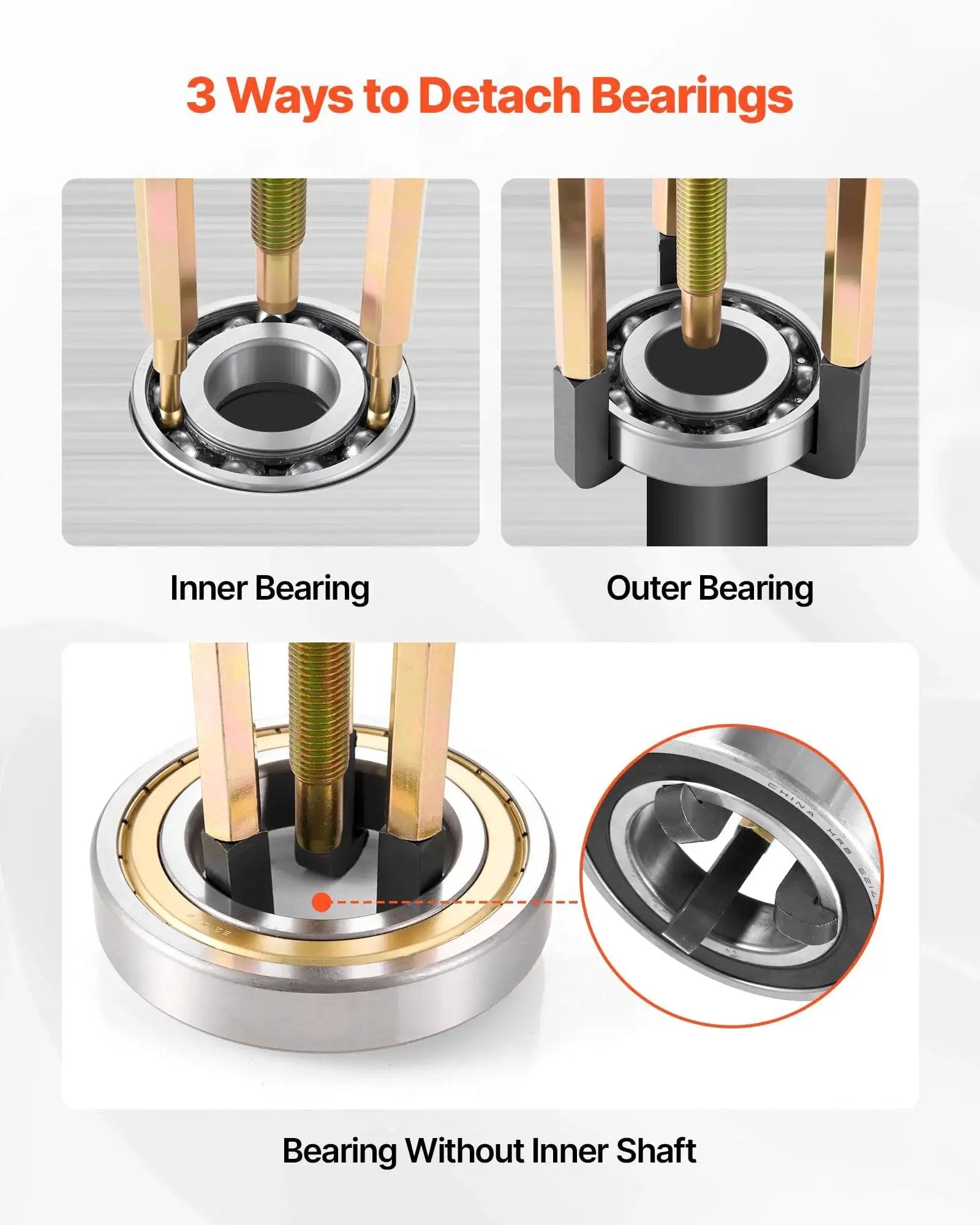 3 ways to detach bearings using 36 Piece Bearing Puller Set With 3 Jaw Hook Pullers For Internal External Bearings and Bearings Without Inner Shafts