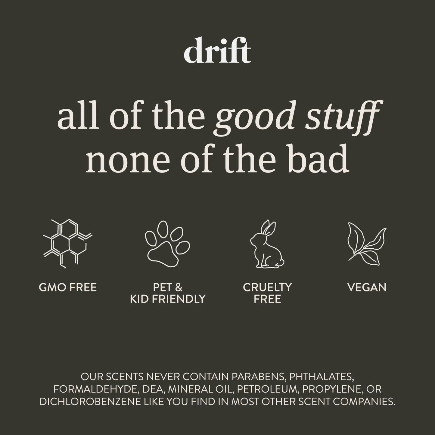 Text highlighting features of the product such as GMO free, pet and kid friendly, cruelty free, and vegan.