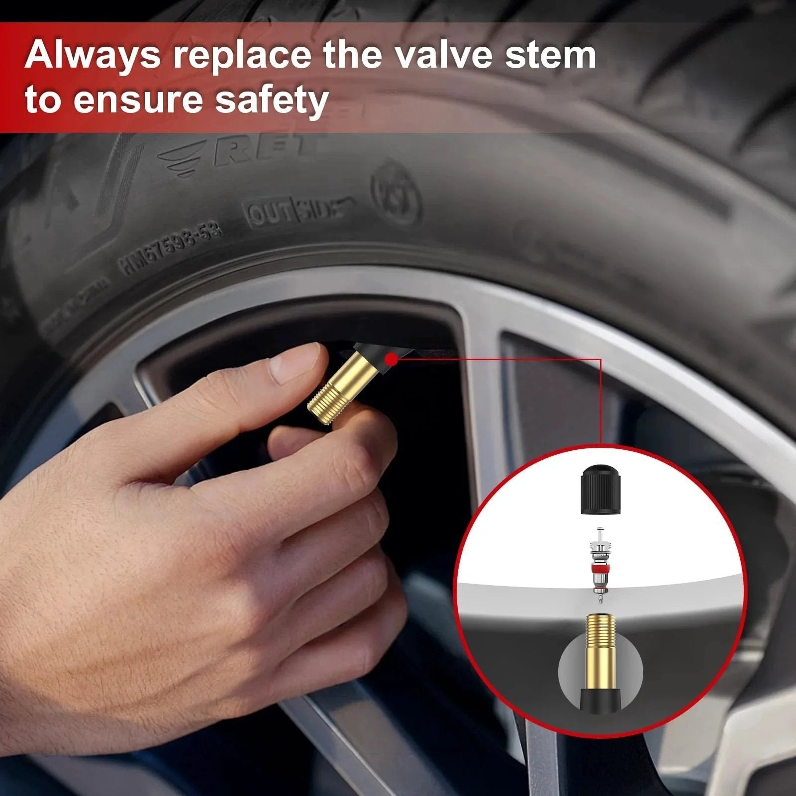 High Pressure Brass Stem Snap In Tire Valves For 0.453 Inch Rim Holes 11.5mm EPDM Rubber Core 5 Pack Fits Most Pickups And Heavy Duty Vehicles Durable Seal And Easy Install SUNSOUL TR600HP being installed on a tire rim by a hand.