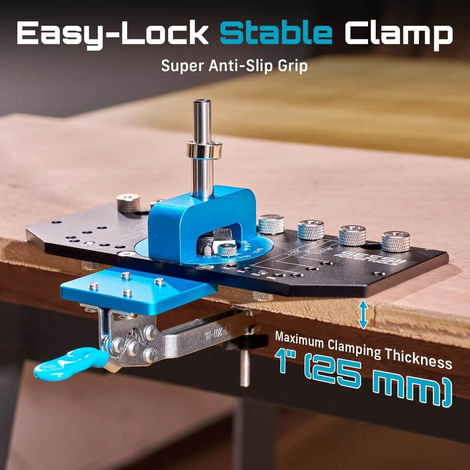 Close-up of Three In One Cabinet Hardware Jig with adjustable clamp on a wood panel, shown for woodworking and home projects.