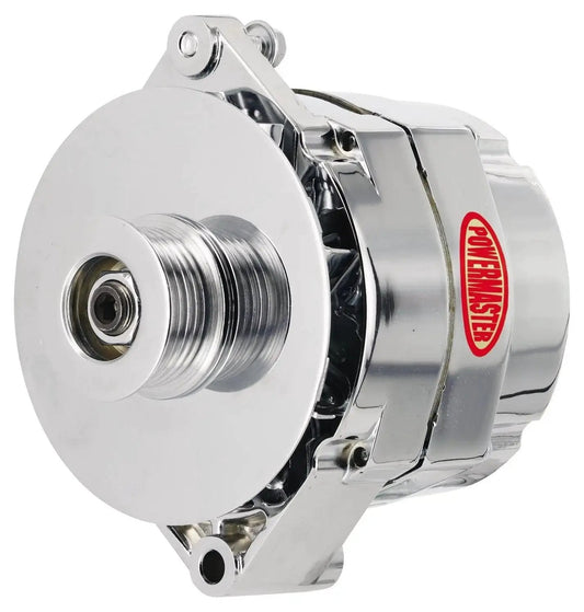 Side view of Delco 150 Amp Chrome 1 Wire Alternator For GM Vehicles, featuring a shiny chrome housing and pulley.