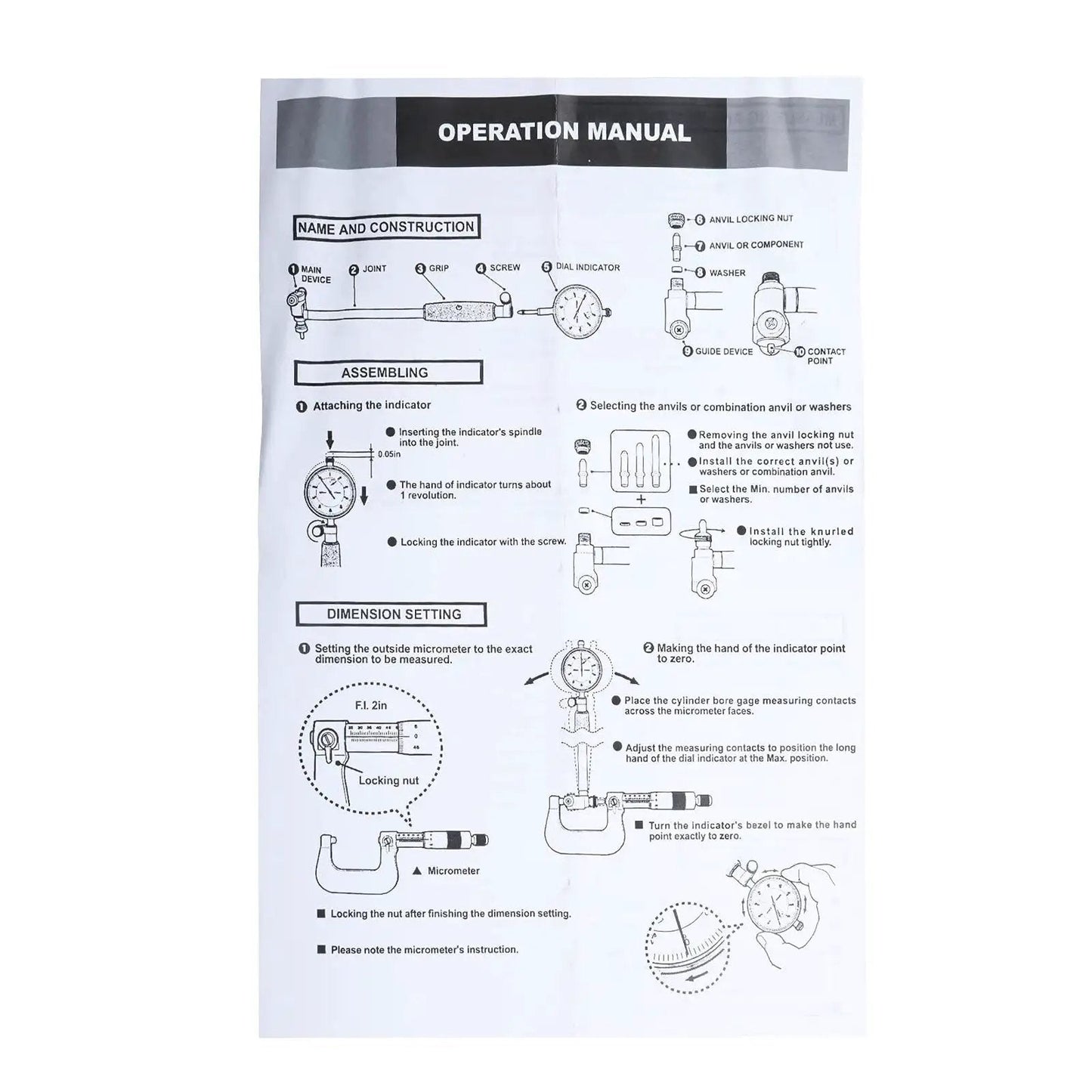 Operation manual for assembling and setting a 2-6 Inch Bore Gauge With 0.001 Inch Deep Measurement For Engine Holes And Cylinder Sizing.