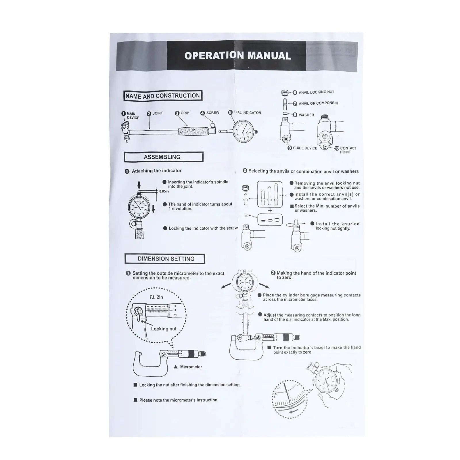 Operation manual for assembling and setting a 2-6 Inch Bore Gauge With 0.001 Inch Deep Measurement For Engine Holes And Cylinder Sizing.
