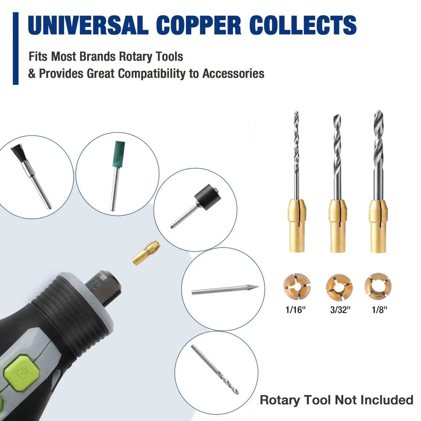 Universal copper collets and drill bits for rotary tools, part of the All In One 530 Piece Rotary Tool Accessory Kit For Cutting Grinding Sanding Polishing Cleaning Drilling Carving And Engraving From WORKPRO With Diamond Wheel Sanding Discs And Cut Off Wheels.