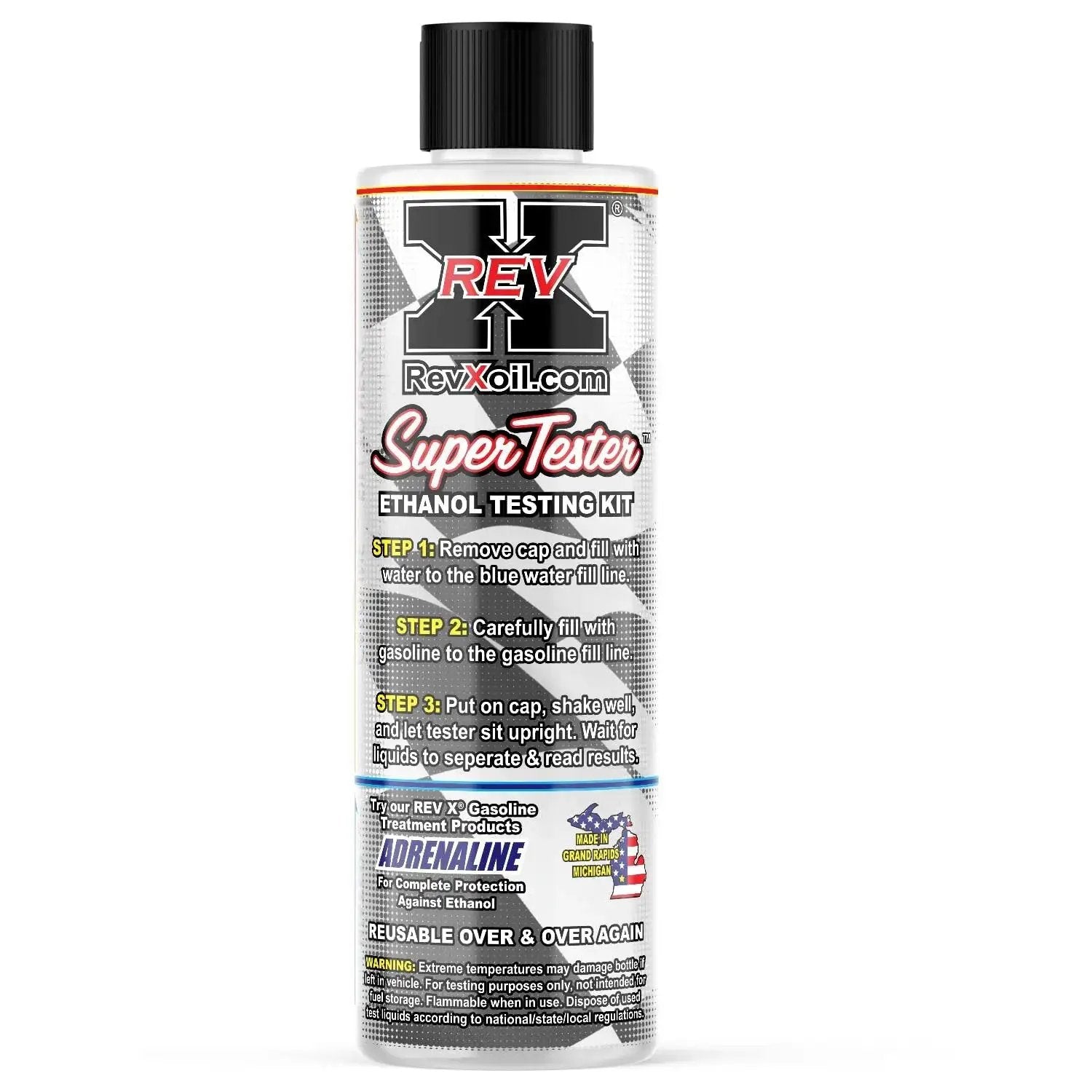 Bottle of Reusable Gasoline Ethanol Test Kit For Detecting E10 To E90 Ethanol Levels with instructions and logo