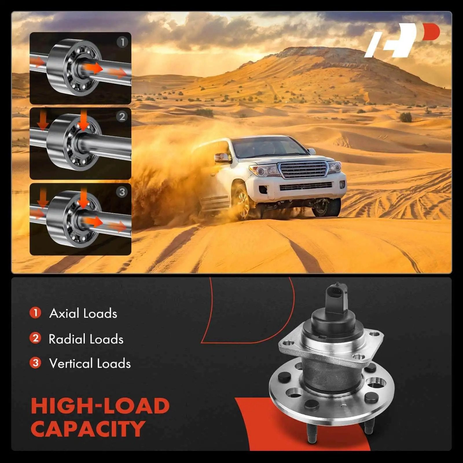 Vehicle driving in desert, showcasing Wheel Hub Bearing Assembly 2-Pack with ABS Sensor, rear fit for GM cars, highlighting high-load capacity.