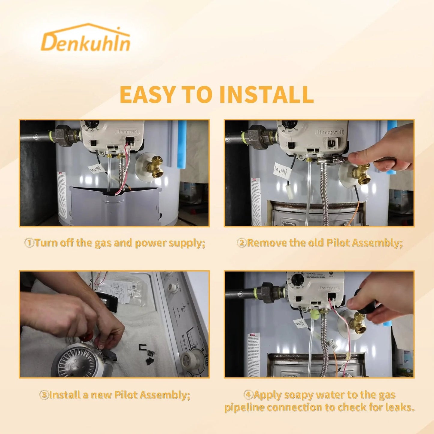Step-by-step installation of Water Heater Pilot Assembly With Thermopile 100112330 Replacement, including safety precautions.