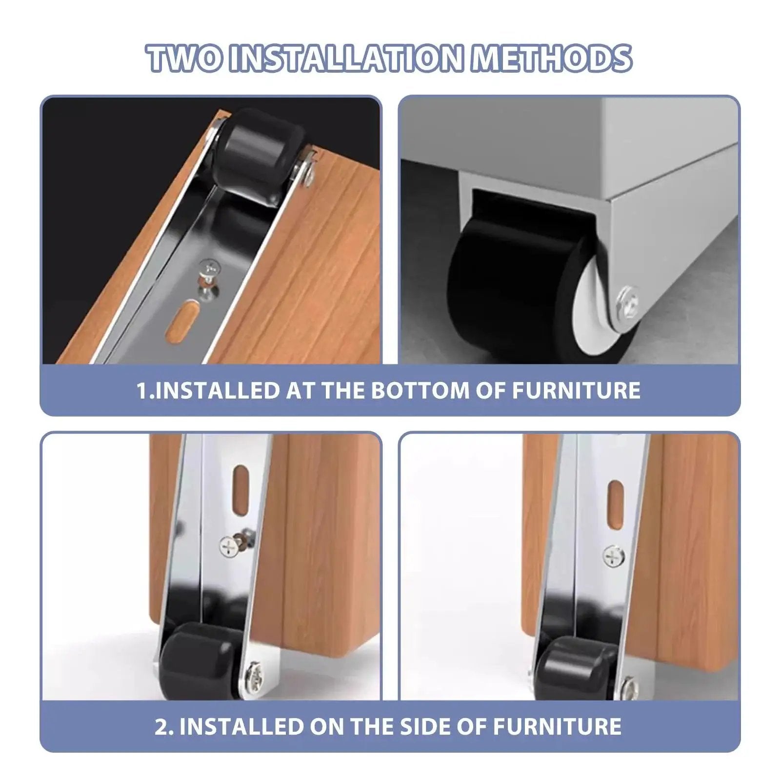4 Pack Door Droop Support Wheels Set For Sliding Doors Cabinets And Furniture Stability Stainless Steel And Nylon Bottom Track Pulleys shown in two installation methods.