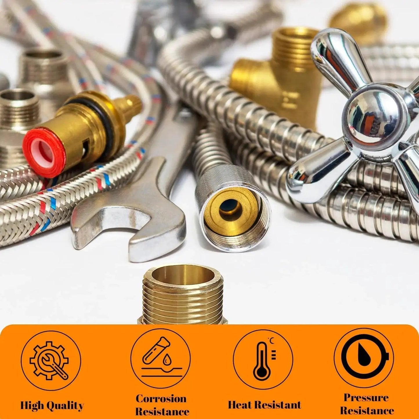 Various plumbing tools and fittings with a focus on 2 Pack Brass NPT Reducer Bushing Three Quarter Inch Male To One Half Inch Female Hex
