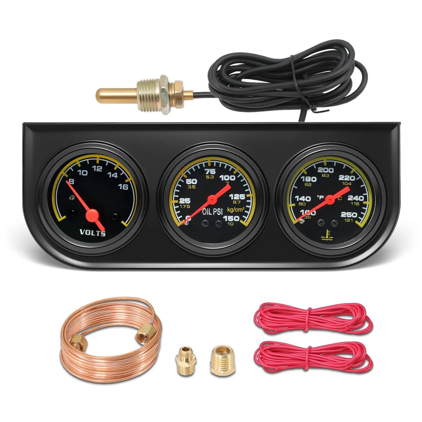 Pro Grade Triple Gauge Kit For Cars 52mm 2 Inch Voltmeter Oil Pressure Gauge 0 To 150 PSI And Water Temperature Gauge 100 To 280