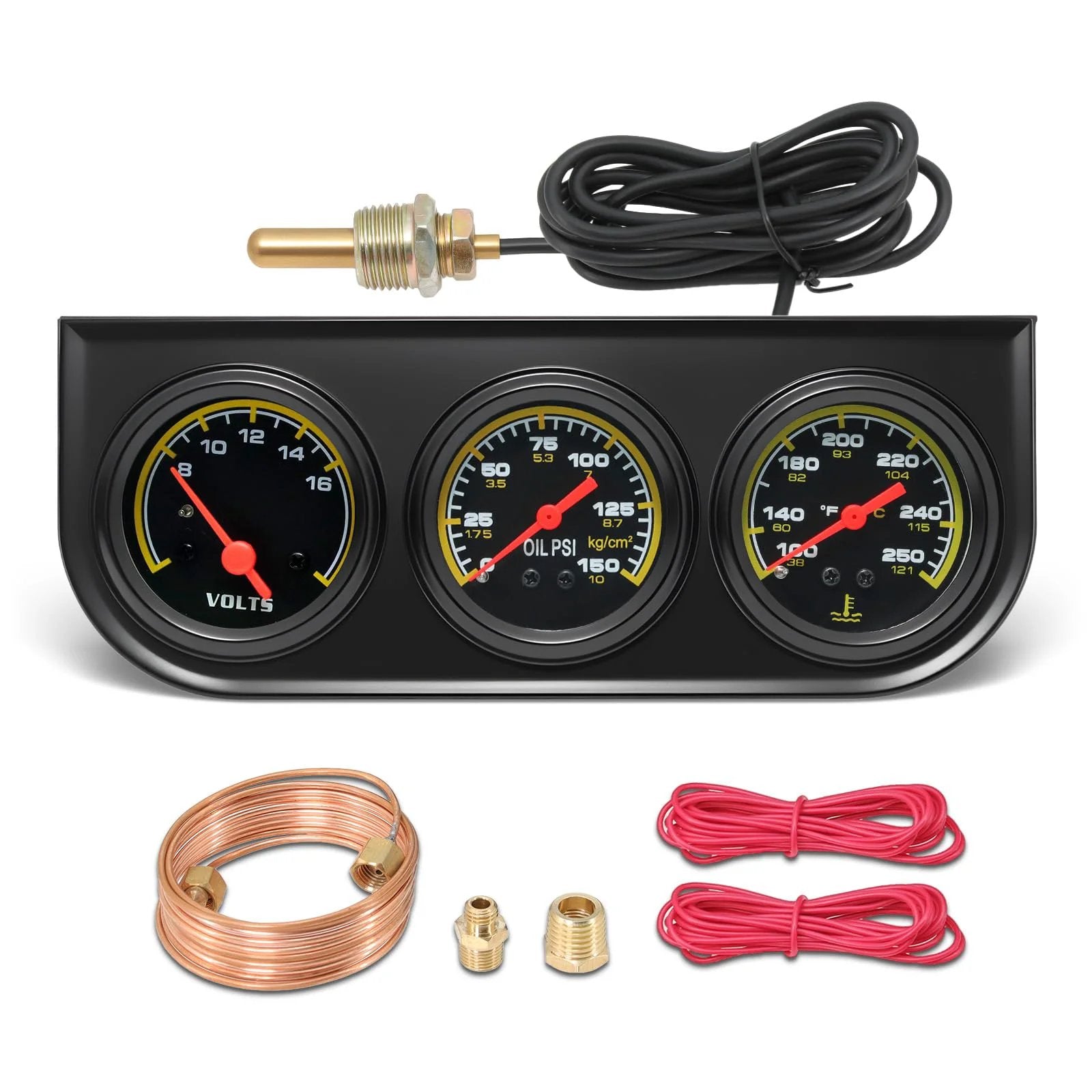 Pro Grade Triple Gauge Kit For Cars 52mm 2 Inch Voltmeter Oil Pressure Gauge 0 To 150 PSI And Water Temperature Gauge 100 To 280