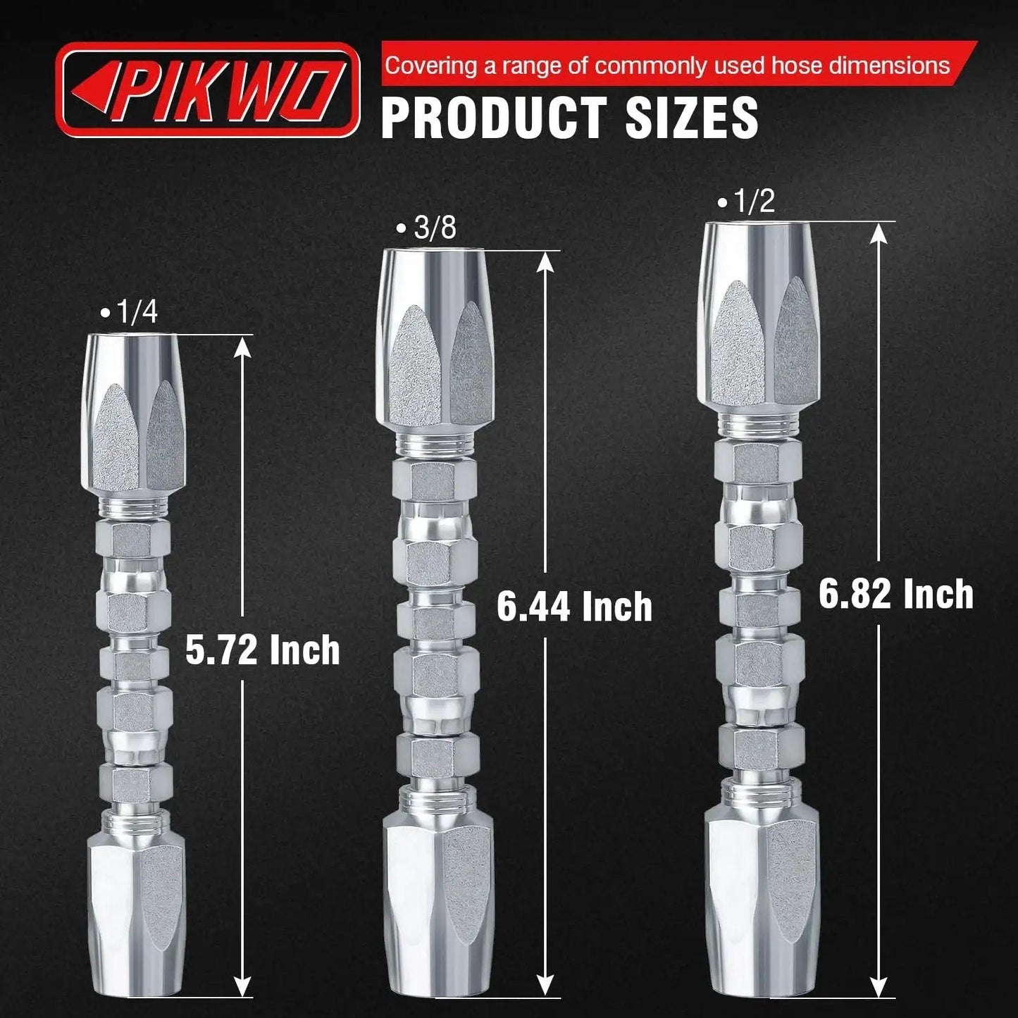 Reusable Hydraulic Hose Repair Kit For Quarter Half And Three Eighths Inch Hoses, showing 1/4, 3/8, 1/2 inch sizes